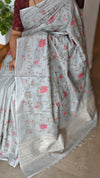 Powder Blue Tussar Silk Saree with Cross Stitch Embroidery