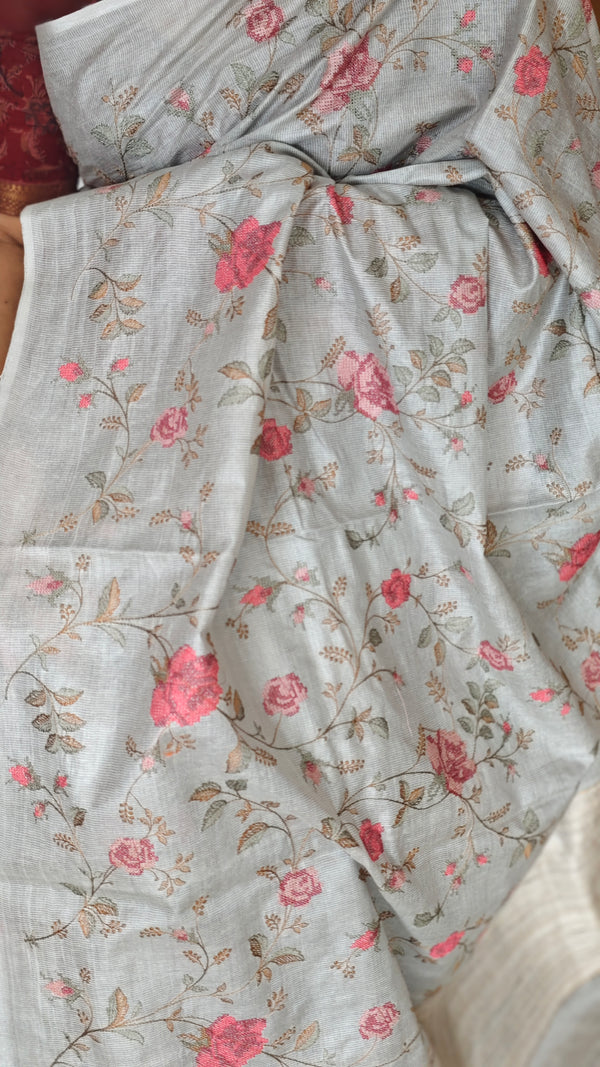 Powder Blue Tussar Silk Saree with Cross Stitch Embroidery