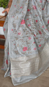 Powder Blue Tussar Silk Saree with Cross Stitch Embroidery