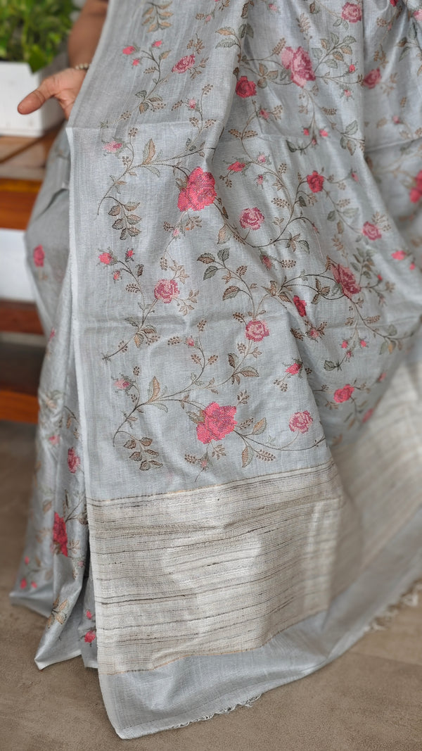 Powder Blue Tussar Silk Saree with Cross Stitch Embroidery