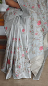 Powder Blue Tussar Silk Saree with Cross Stitch Embroidery