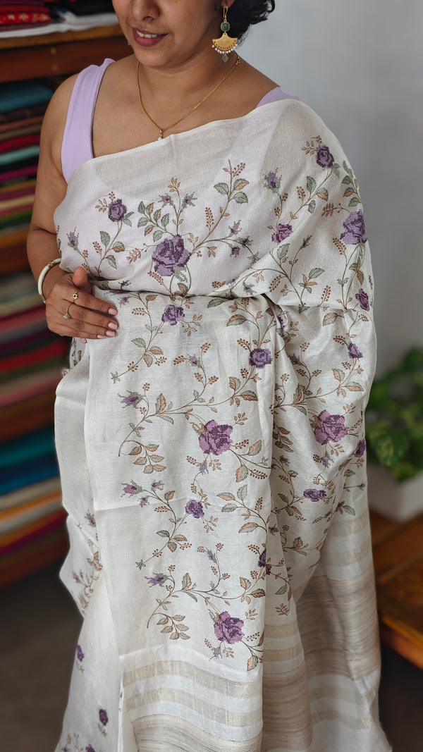 Off White Tussar Silk Saree with Cross Stitch Embroidery