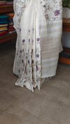 Off White Tussar Silk Saree with Cross Stitch Embroidery
