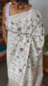 Off White Tussar Silk Saree with Cross Stitch Embroidery