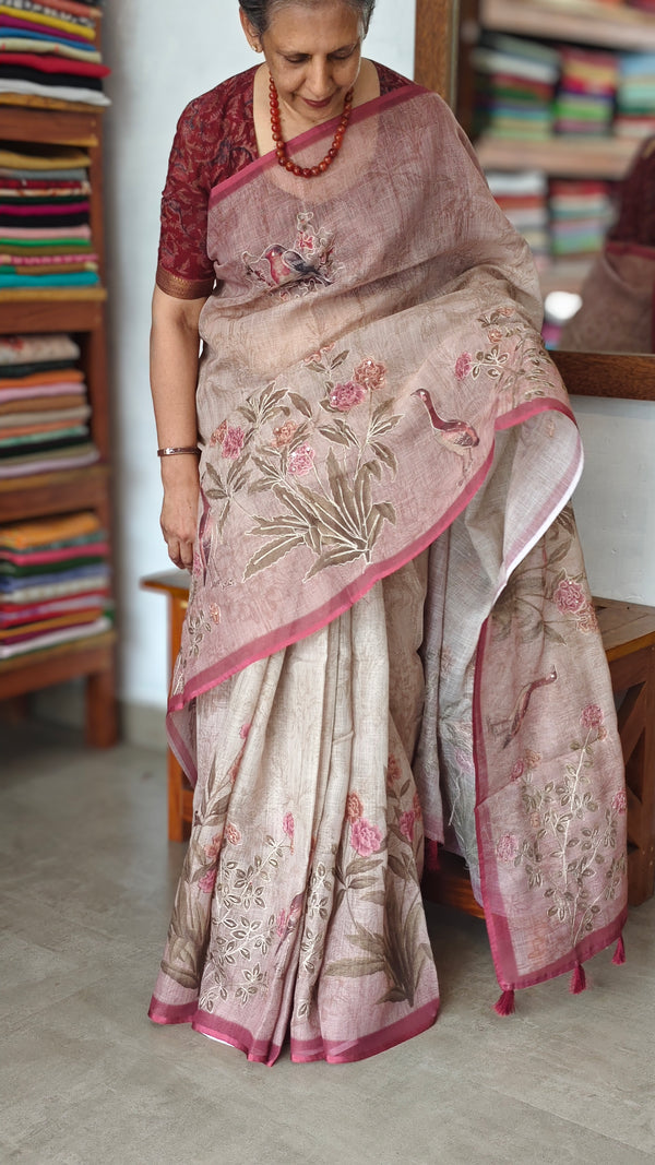 Printed Linen Tissue Saree - 3428 - Pink