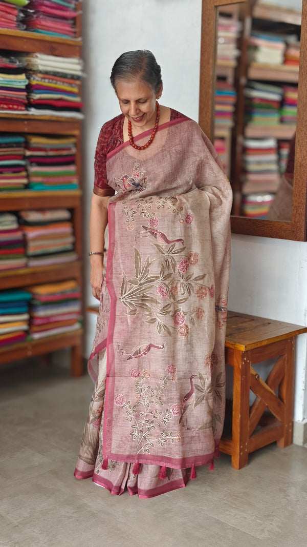 Printed Linen Tissue Saree - 3428 - Pink