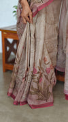 Printed Linen Tissue Saree - 3428 - Pink