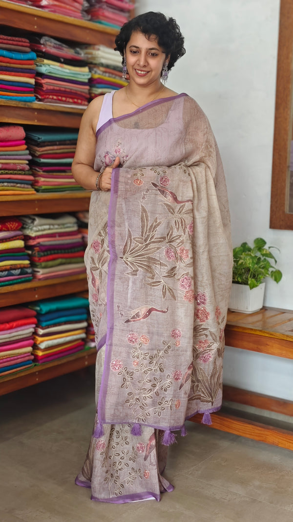 Printed Linen Tissue Saree - 3428 - Lavender