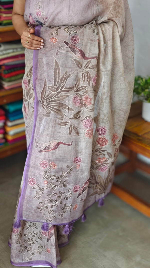 Printed Linen Tissue Saree - 3428 - Lavender