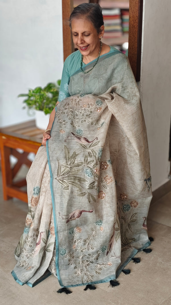 Printed Linen Tissue Saree - 3428 - Teal
