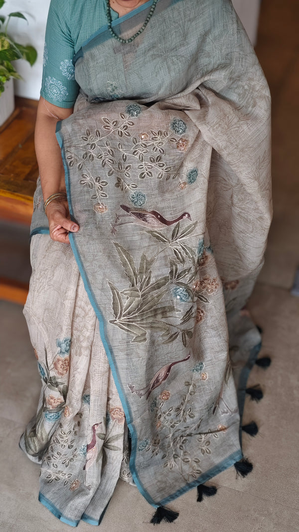 Printed Linen Tissue Saree - 3428 - Teal