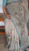Printed Linen Tissue Saree - 3428 - Teal