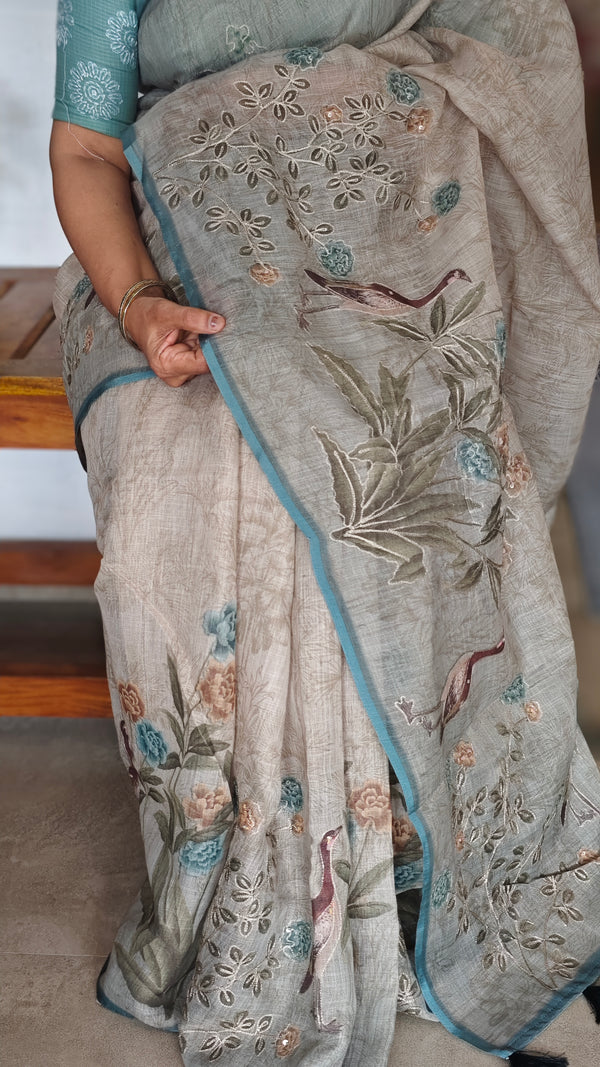 Printed Linen Tissue Saree - 3428 - Teal