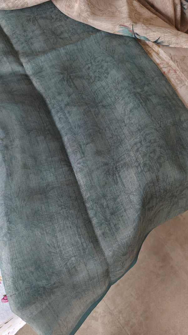 Printed Linen Tissue Saree - 3428 - Teal