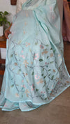 Aqua Blue Muslin Saree with Parsi Embroidery - 6437