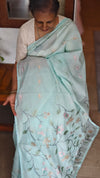 Aqua Blue Muslin Saree with Parsi Embroidery - 6437
