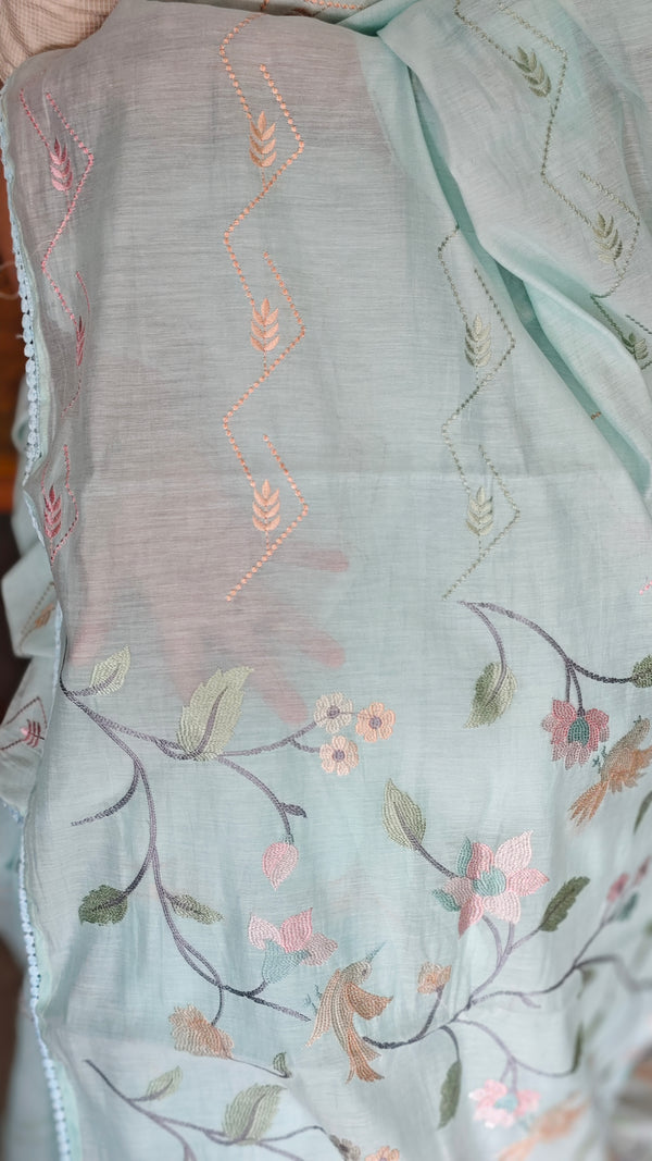 Aqua Blue Muslin Saree with Parsi Embroidery - 6437