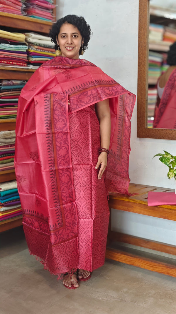 Dark Pink Printed Tussar Silk Suit - TN293