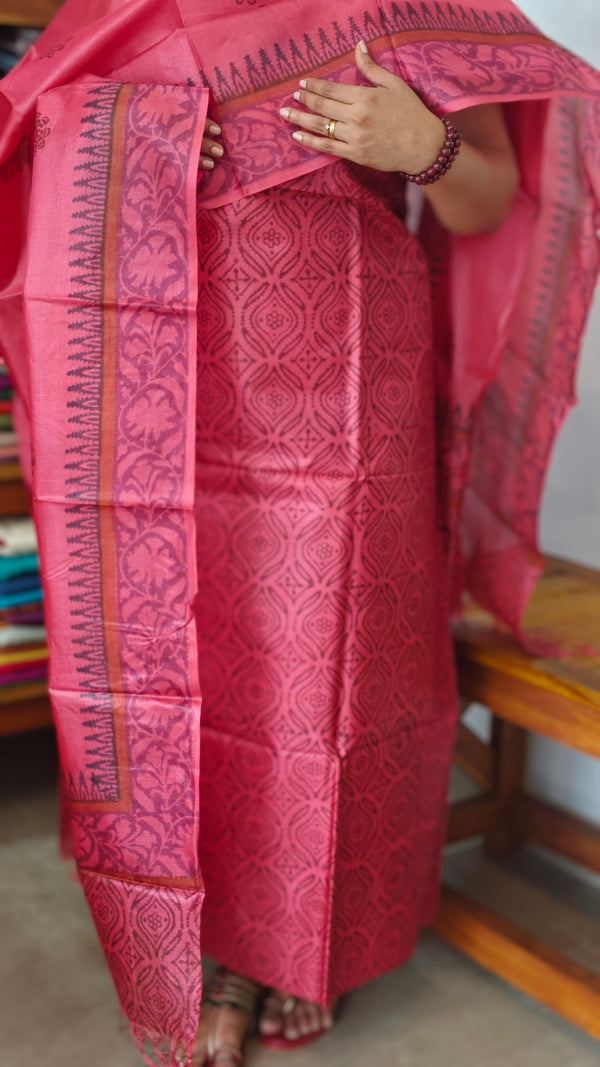 Dark Pink Printed Tussar Silk Suit - TN293