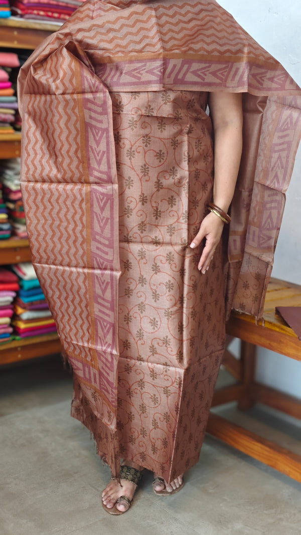 Chocolate Brown Printed Tussar Silk Suit - TN293