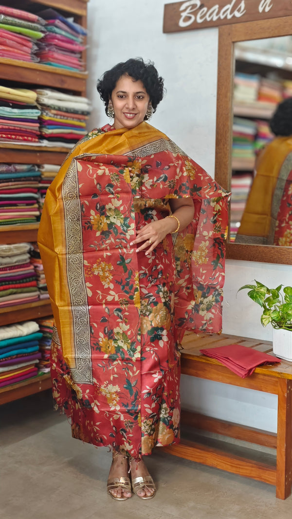 Orange Red Floral Printed Tussar Silk Suit - TN293