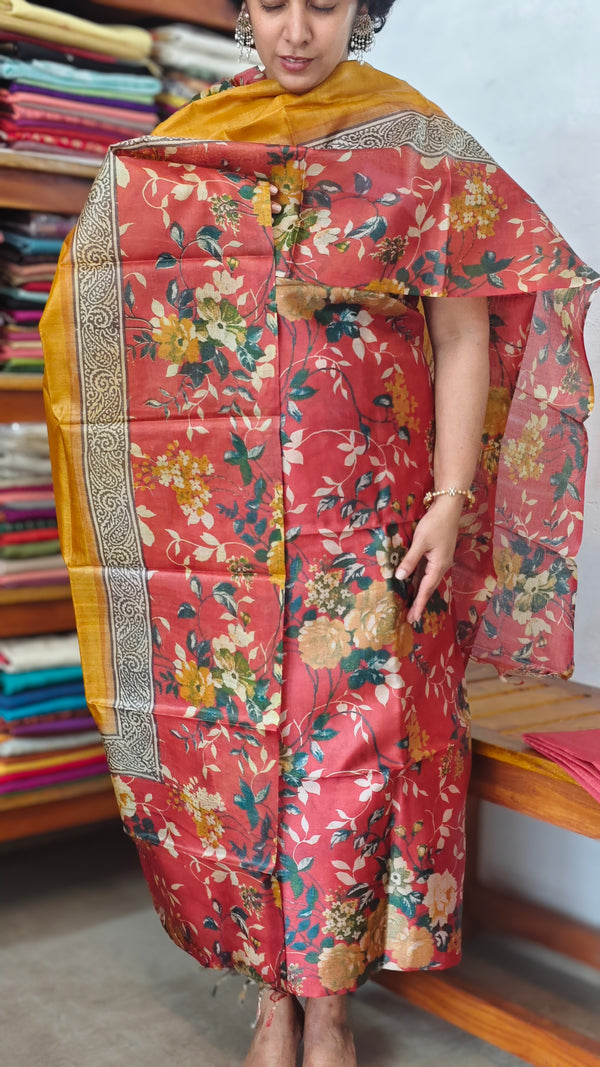 Orange Red Floral Printed Tussar Silk Suit - TN293