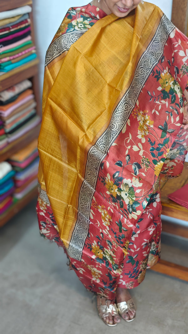 Orange Red Floral Printed Tussar Silk Suit - TN293