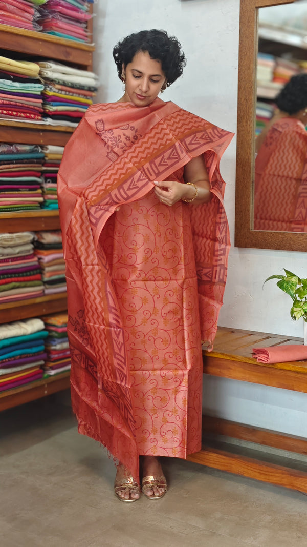 Burnt Peach Printed Tussar Silk Suit - TN293