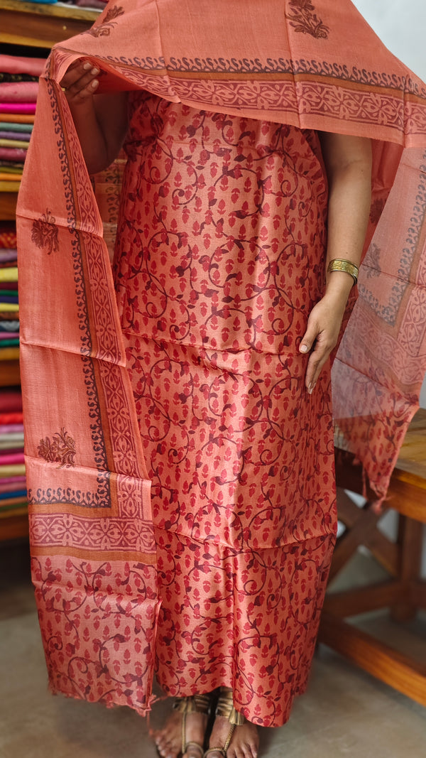 Dark Peach Printed Tussar Silk Suit - TN293