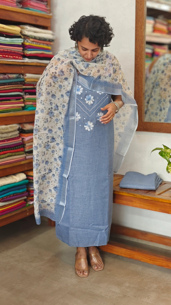 Blue Linen Cotton Suit with Floral Dupatta - BVC5