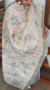 Cream and Teal Woven Semi Silk Suit - CSU8