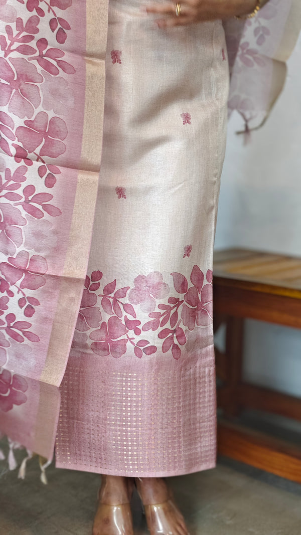 Rosy Beige and Lilac Floral Printed Semi Silk Suit - CSU8