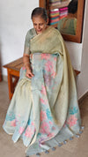 Green and Teal Printed Tissue Linen Saree - DMA37