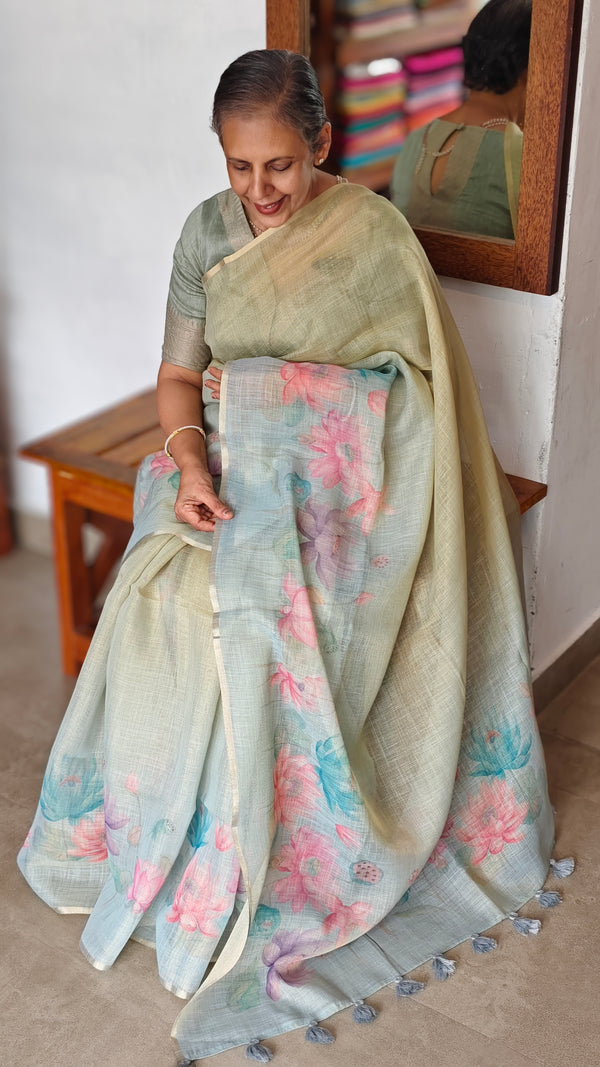 Green and Teal Printed Tissue Linen Saree - DMA37