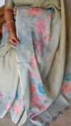 Green and Teal Printed Tissue Linen Saree - DMA37