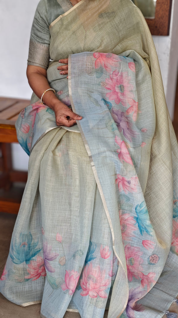 Green and Teal Printed Tissue Linen Saree - DMA37