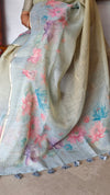 Green and Teal Printed Tissue Linen Saree - DMA37