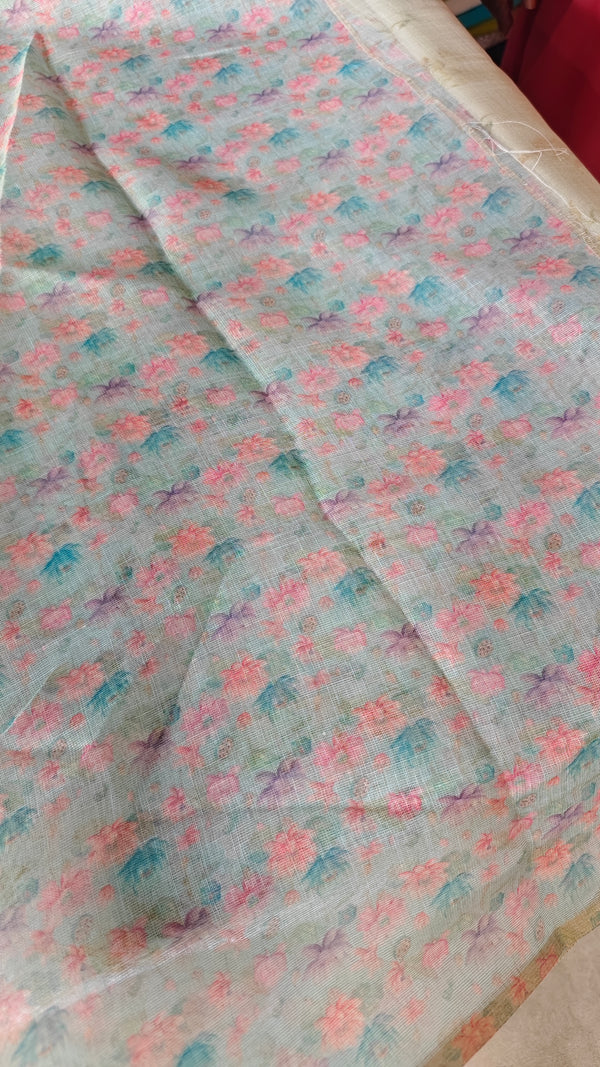 Green and Teal Printed Tissue Linen Saree - DMA37