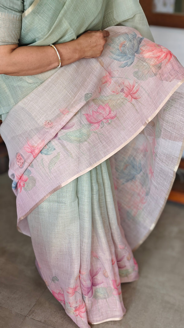 Green and Pink Printed Tissue Linen Saree - DMA37