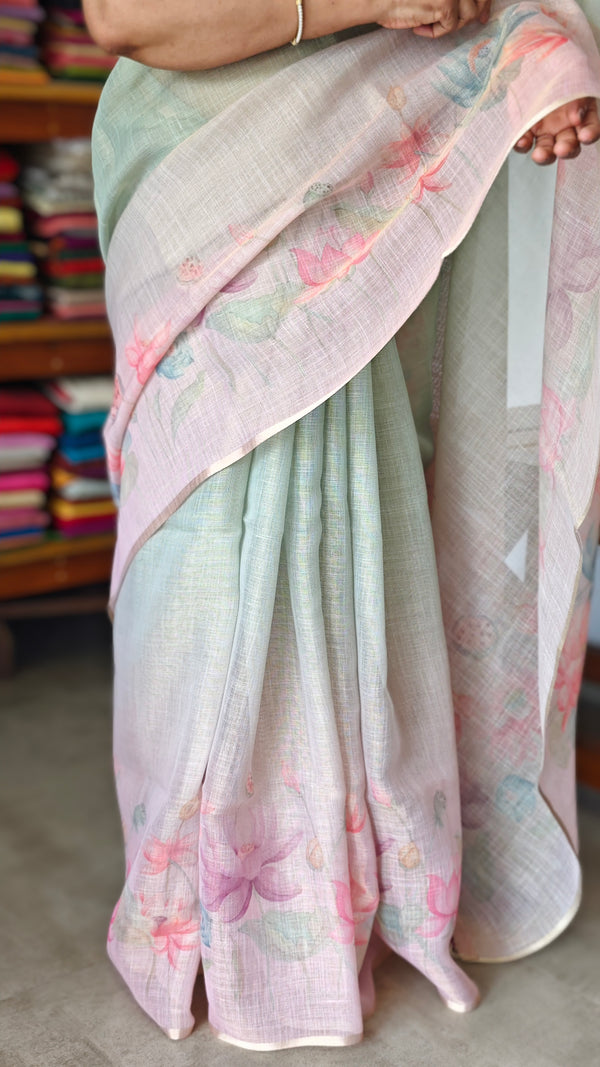 Green and Pink Printed Tissue Linen Saree - DMA37