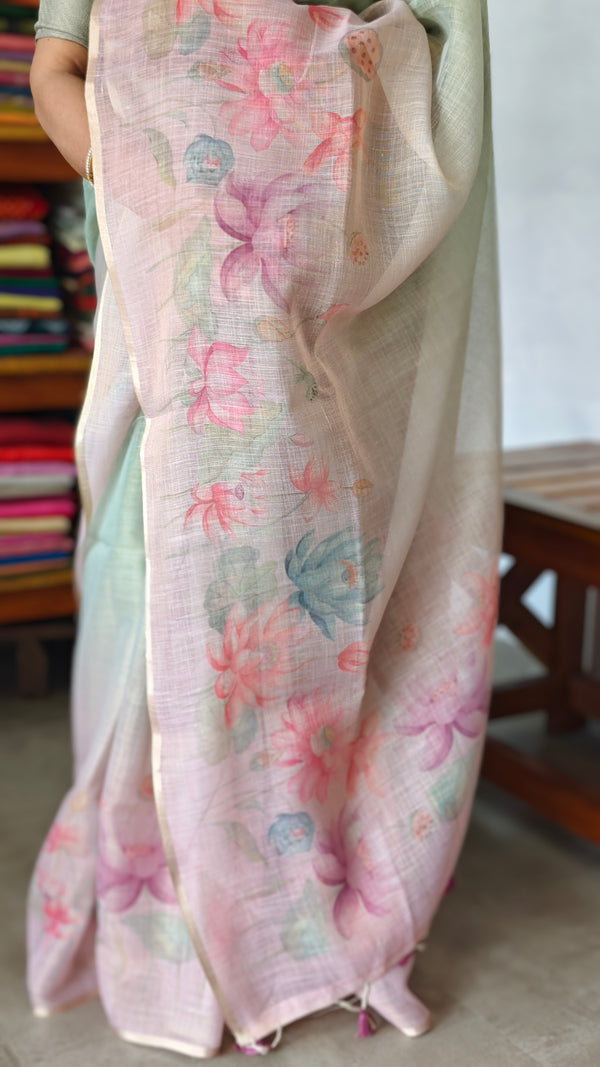 Green and Pink Printed Tissue Linen Saree - DMA37