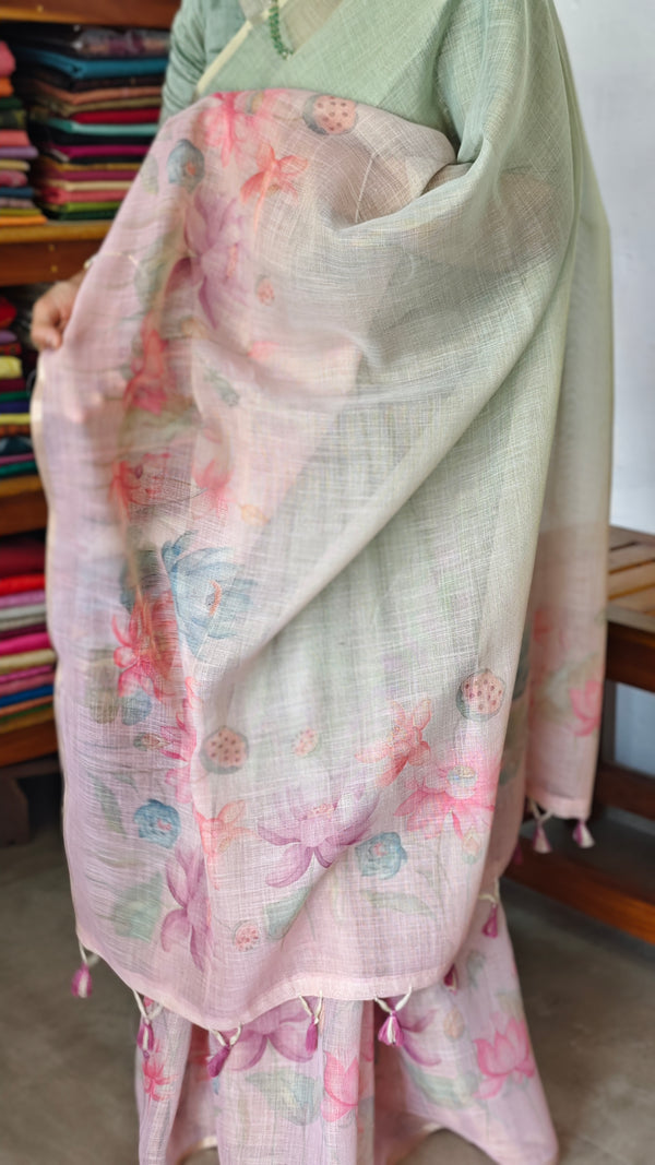 Green and Pink Printed Tissue Linen Saree - DMA37