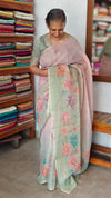 Lilac and Green Printed Linen Tissue Saree - DMA37
