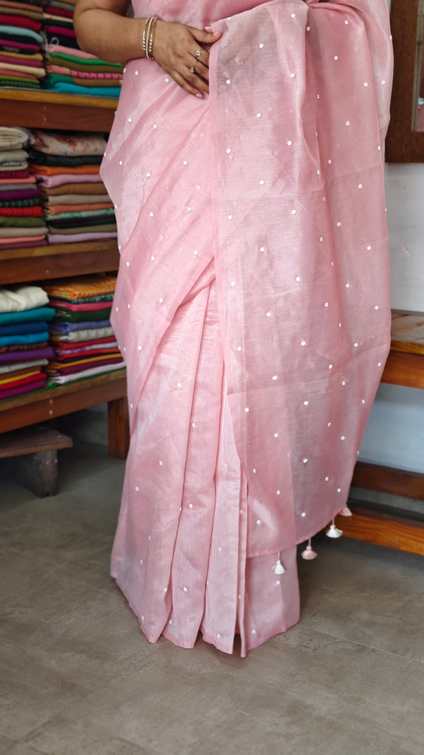 Blush Pink Tissue Organza Saree - 3637
