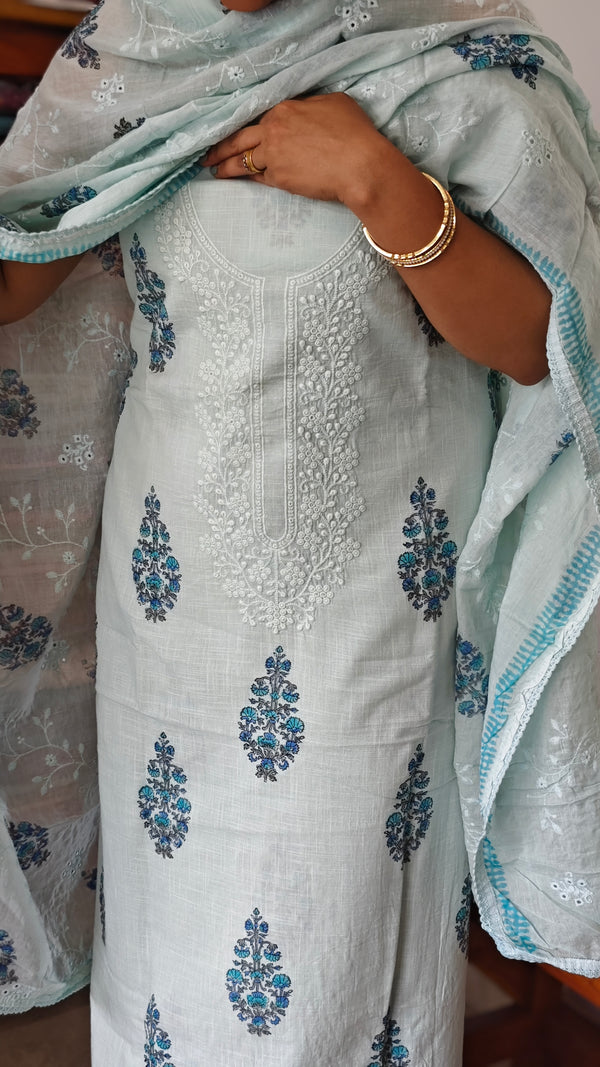 Light Blue Cotton Block Printed Suit - GR740