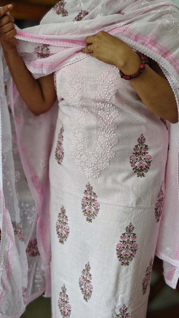 Light Pink Cotton Block Printed Suit - 3637