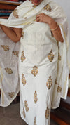 Cream Block Printed Cotton Suit - 3637