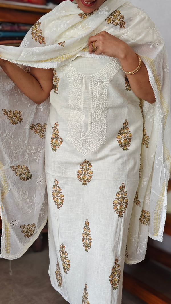 Cream Block Printed Cotton Suit - 3637