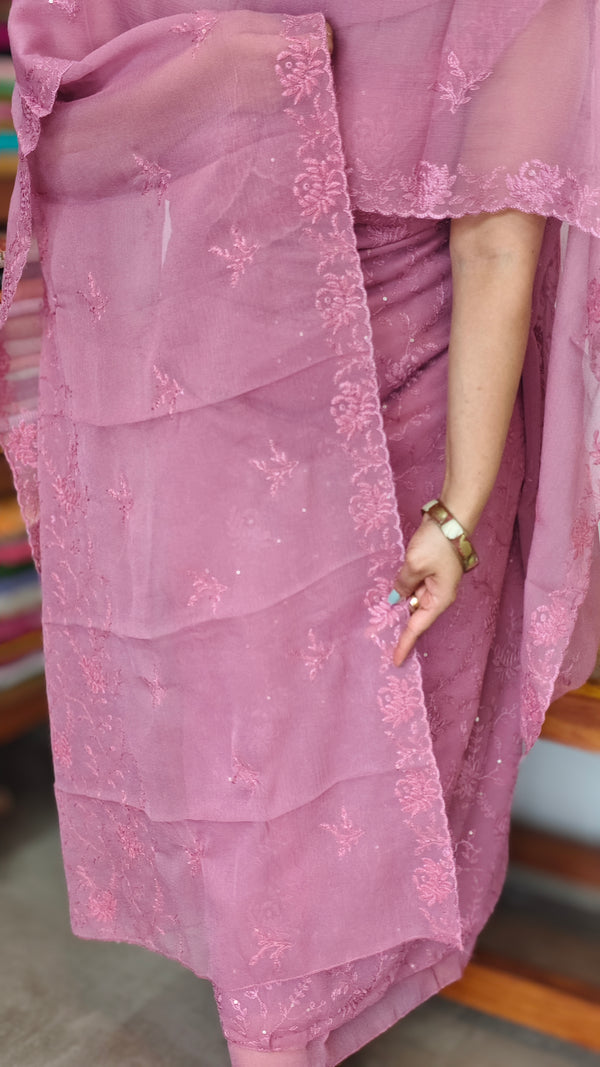 Mauve Embroidered Crushed Organza Suit - PFV4