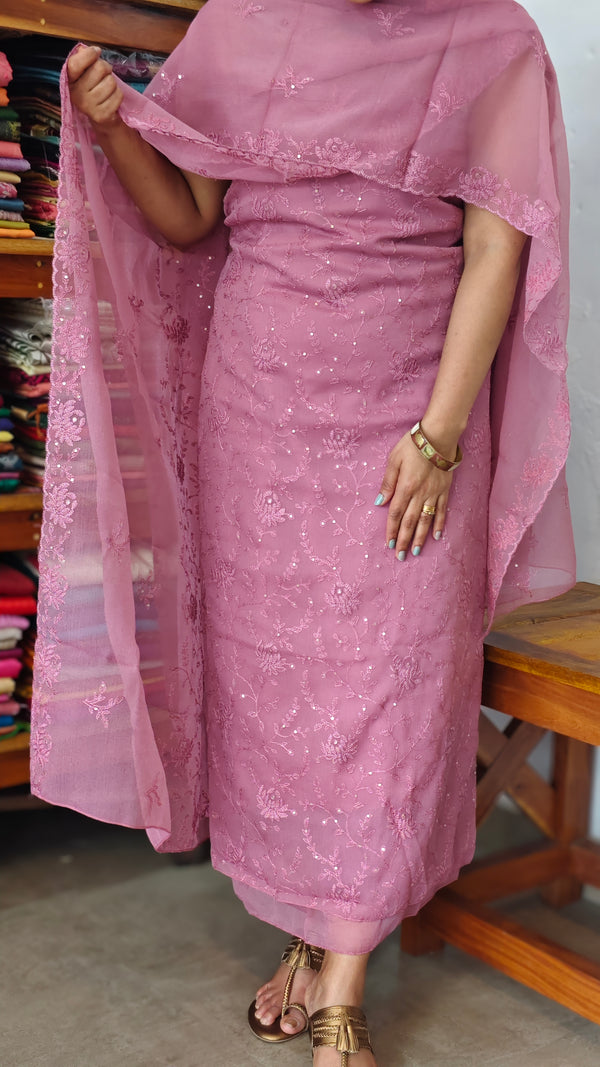 Mauve Embroidered Crushed Organza Suit - PFV4
